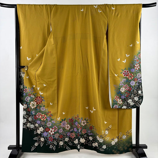 振袖禮服 身長163cm 袖長68.5cm L 雙層 草花紋紋 蝶 金絲 金銀彩 山吹 純蠶絲 秀品級