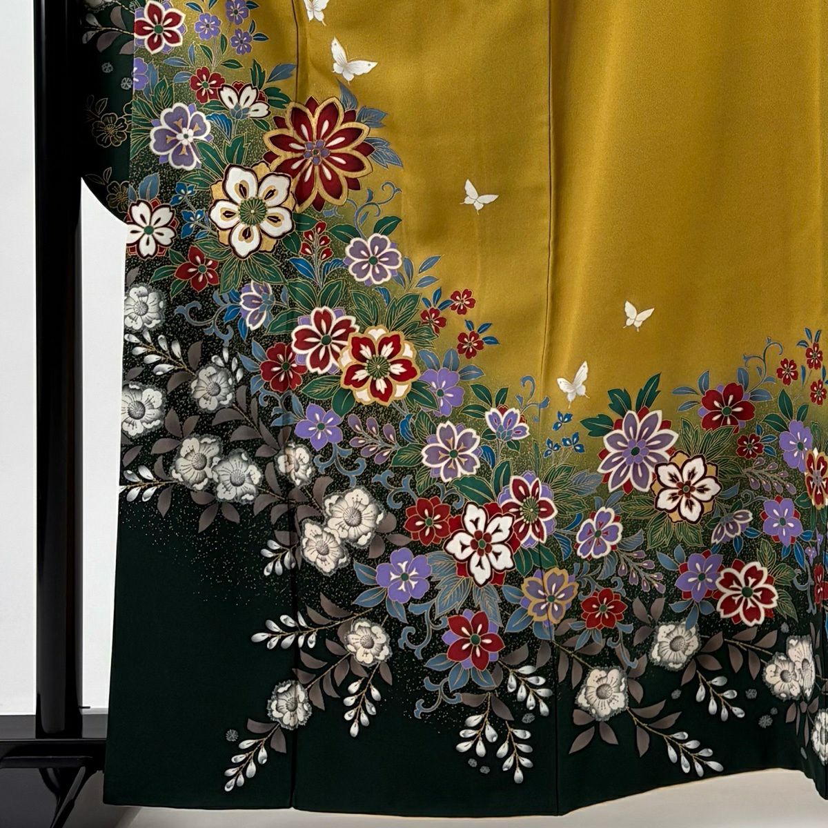 振袖禮服 身長163cm 袖長68.5cm L 雙層 草花紋紋 蝶 金絲 金銀彩 山吹 純蠶絲 秀品級
