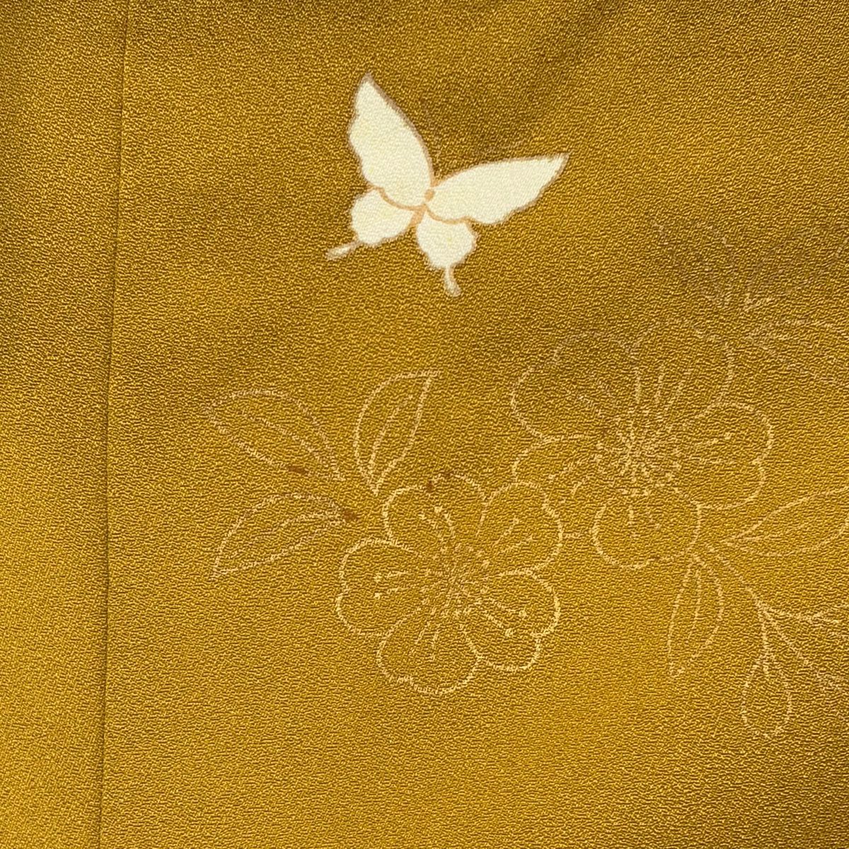 振袖禮服 身長163cm 袖長68.5cm L 雙層 草花紋紋 蝶 金絲 金銀彩 山吹 純蠶絲 秀品級