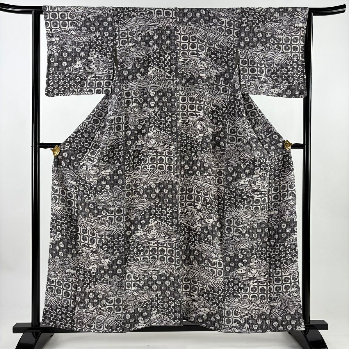 【美品】 小紋 身長157cm 袖長63.5cm S 雙層 寄せ柄 草花紋紋 絞織 灰色 純蠶絲 秀品級
