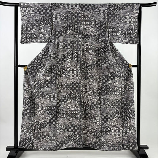 【美品】 小紋 身長157cm 袖長63.5cm S 雙層 寄せ柄 草花紋紋 絞織 灰色 純蠶絲 秀品級