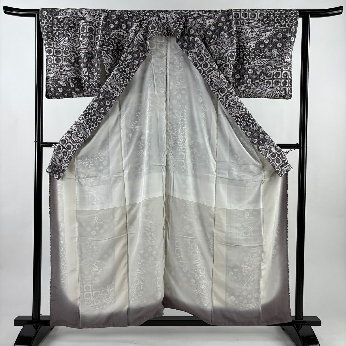 【美品】 小紋 身長157cm 袖長63.5cm S 雙層 寄せ柄 草花紋紋 絞織 灰色 純蠶絲 秀品級