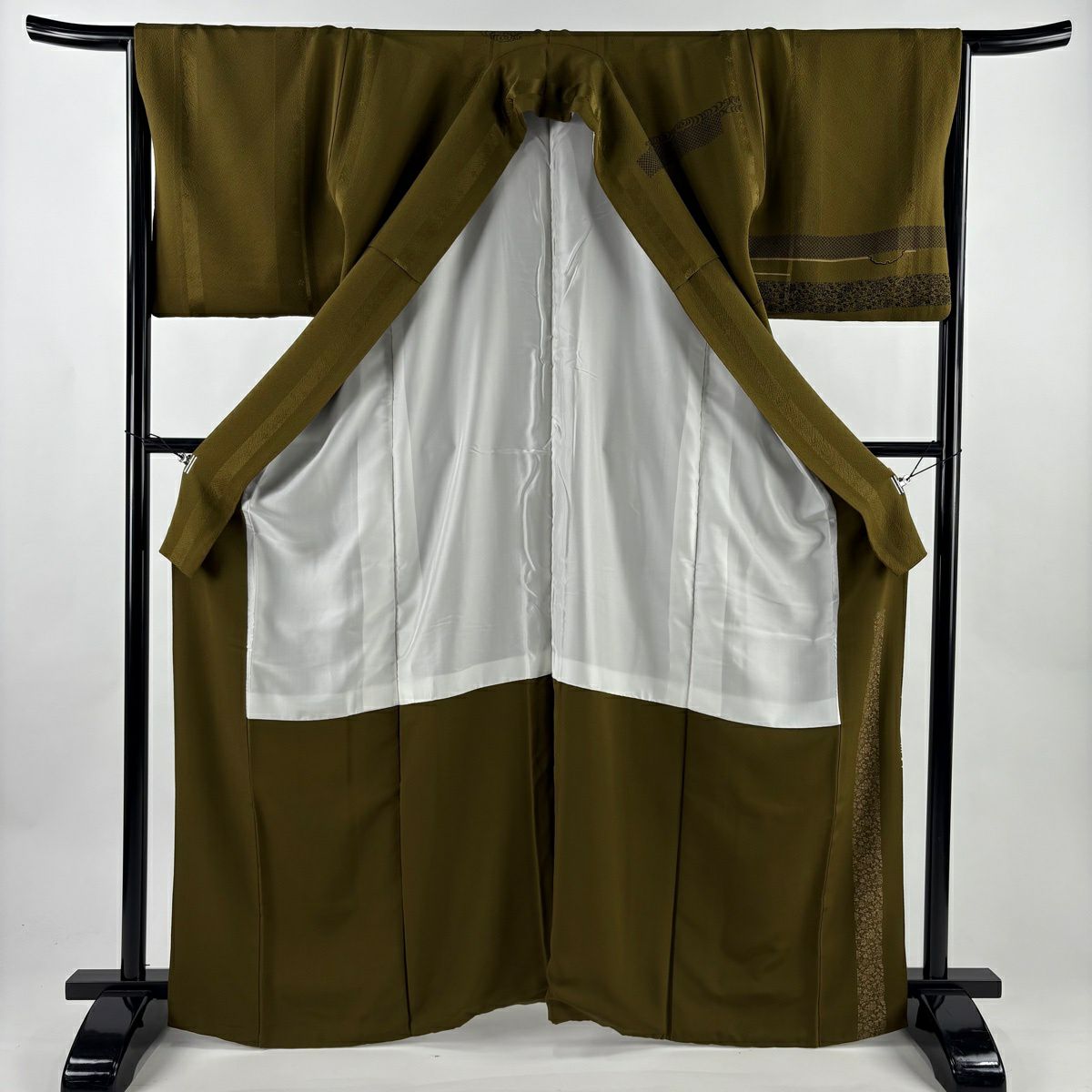 【美品】訪問服 身長166cm 袖長66.5cm M 雙層 雪輪 草花紋 金銀線 金銀彩 茶綠 純蠶絲 秀品級