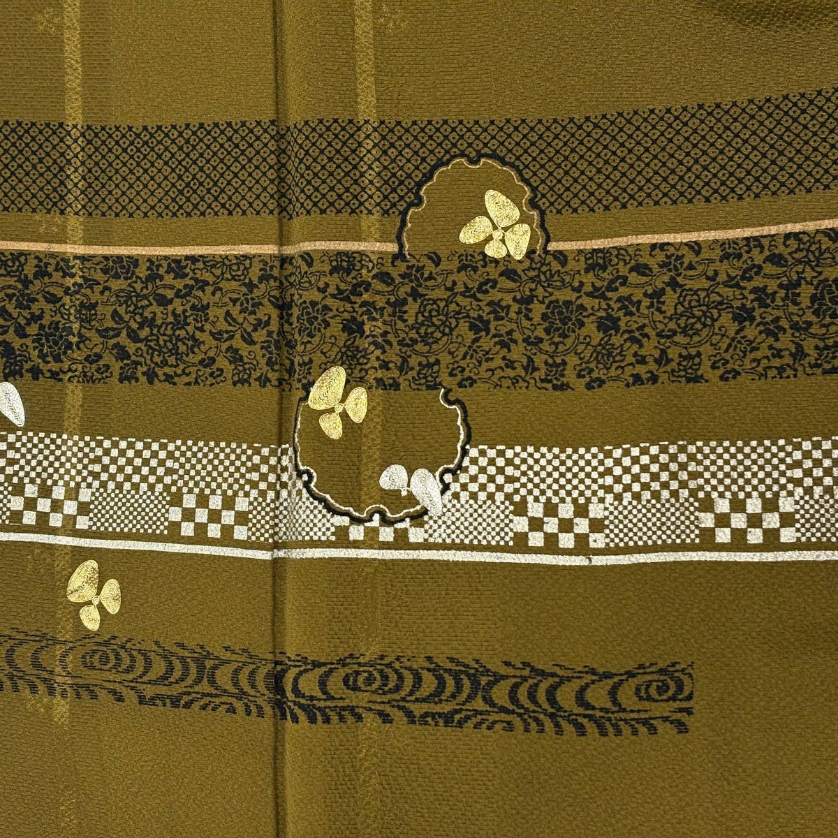 【美品】訪問服 身長166cm 袖長66.5cm M 雙層 雪輪 草花紋 金銀線 金銀彩 茶綠 純蠶絲 秀品級