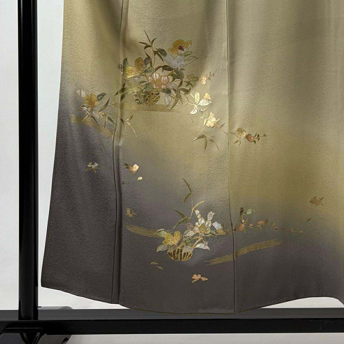 訪問服 身長155cm 袖長67.5cm L 雙層 花籠 霞 螺鈿 金銀彩 薄綠 純蠶絲 秀品級