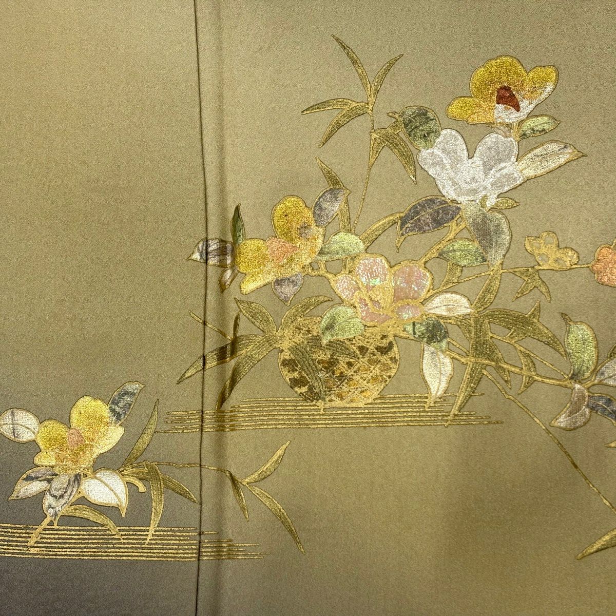 訪問服 身長155cm 袖長67.5cm L 雙層 花籠 霞 螺鈿 金銀彩 薄綠 純蠶絲 秀品級