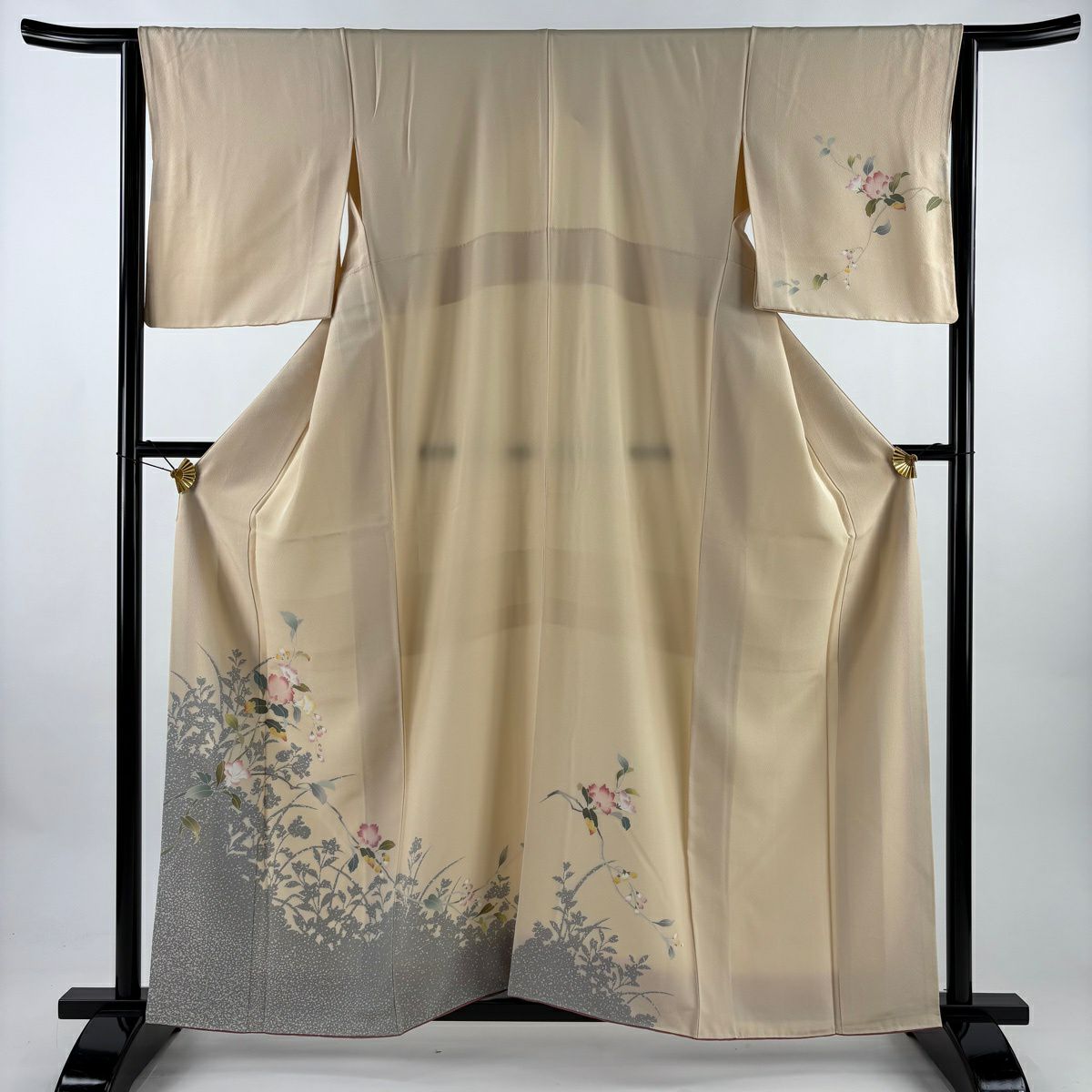 【美品】訪問服 身長160cm 袖長64cm M 雙層 草花紋紋 薄橙 純蠶絲 秀品級