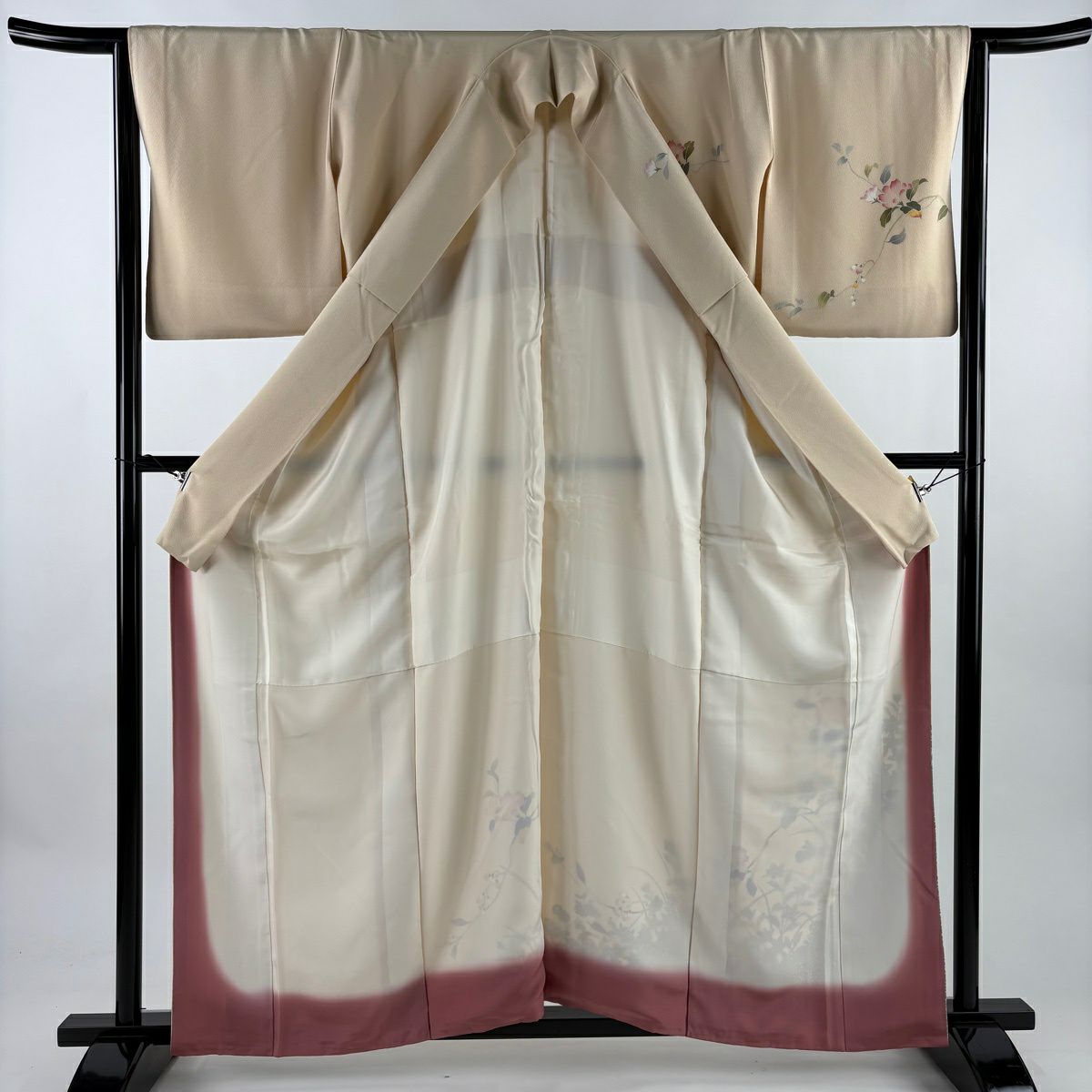 【美品】訪問服 身長160cm 袖長64cm M 雙層 草花紋紋 薄橙 純蠶絲 秀品級