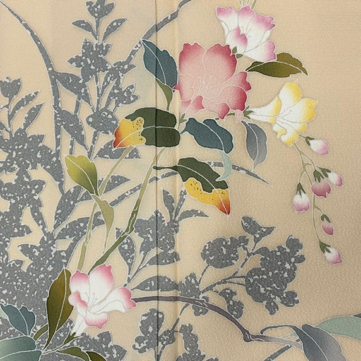 【美品】訪問服 身長160cm 袖長64cm M 雙層 草花紋紋 薄橙 純蠶絲 秀品級