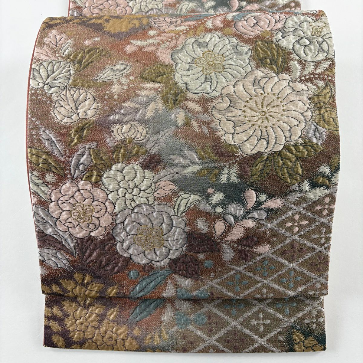 【美品】 袋帶 秀品級 辻花染圖案 松樹皮菱 金絲 金金箔 茶 六通 純蠶絲