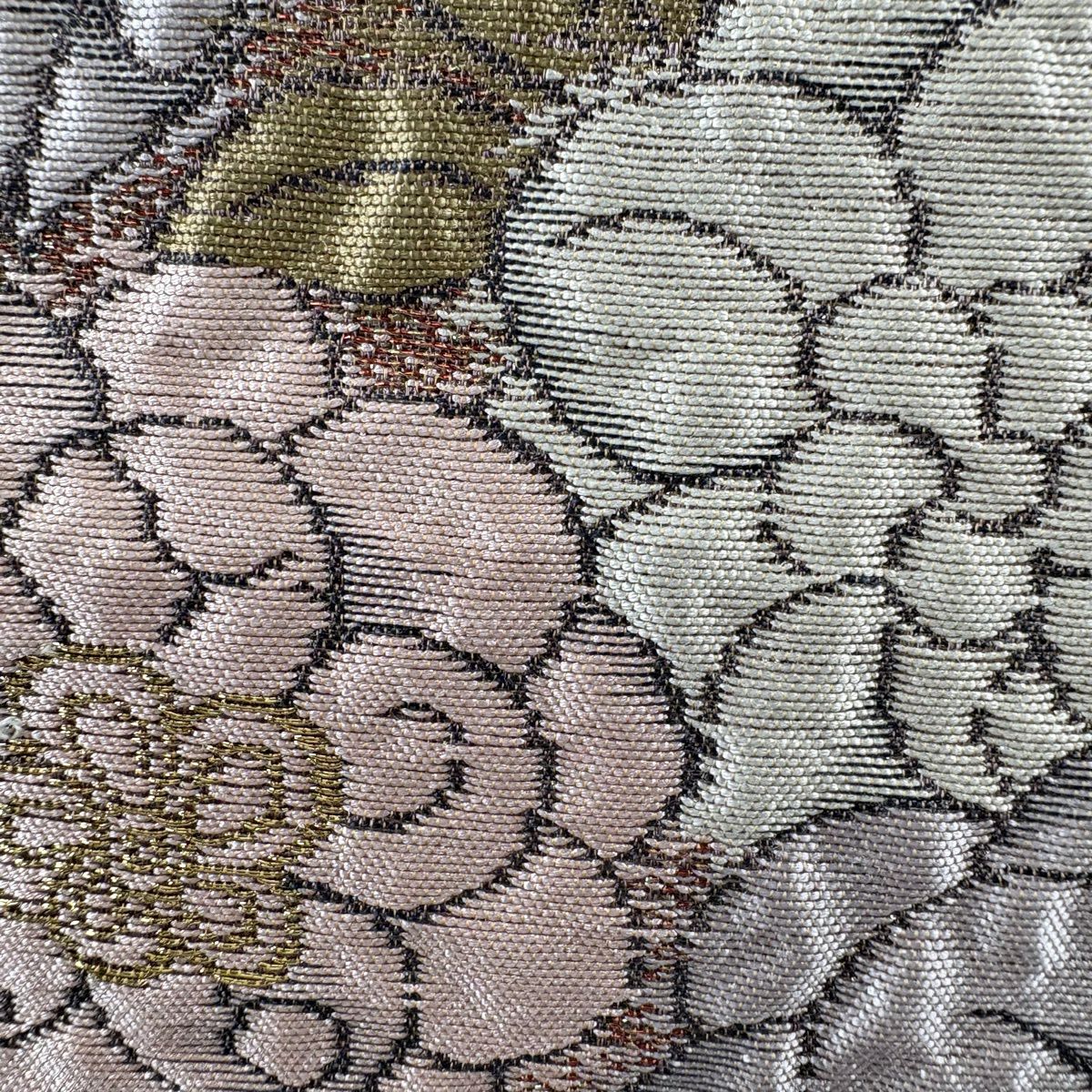 【美品】 袋帶 秀品級 辻花染圖案 松樹皮菱 金絲 金金箔 茶 六通 純蠶絲