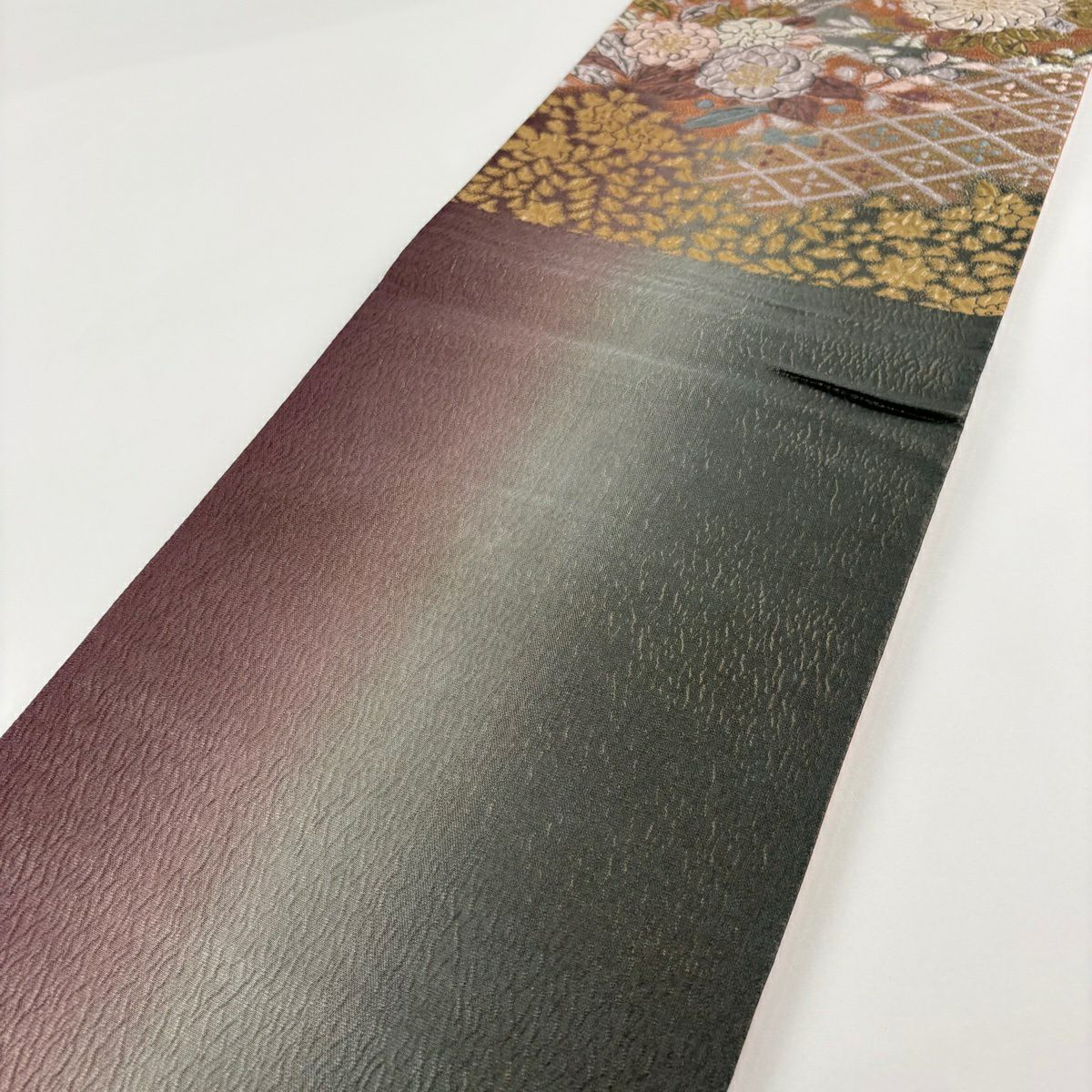 【美品】 袋帶 秀品級 辻花染圖案 松樹皮菱 金絲 金金箔 茶 六通 純蠶絲