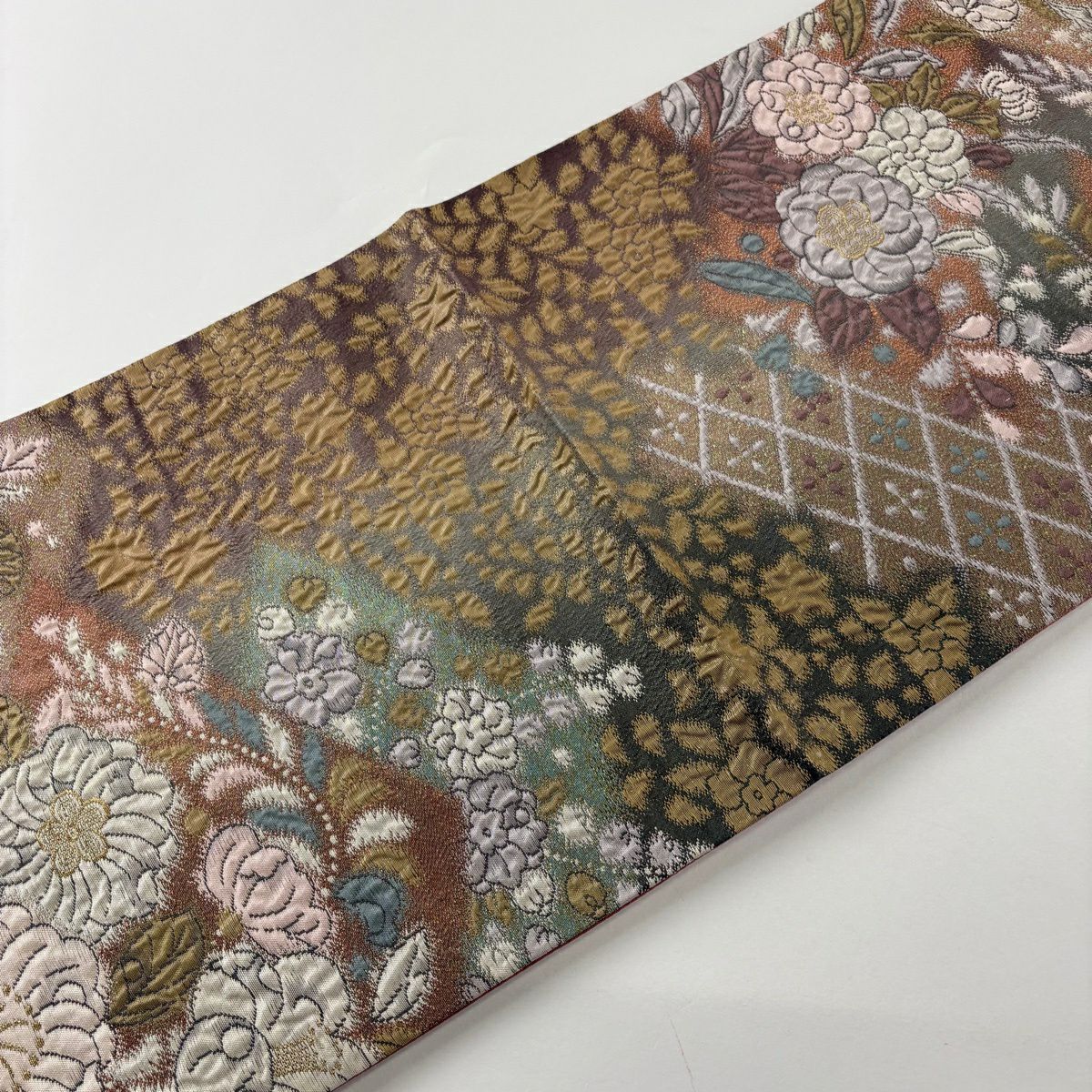 【美品】 袋帶 秀品級 辻花染圖案 松樹皮菱 金絲 金金箔 茶 六通 純蠶絲