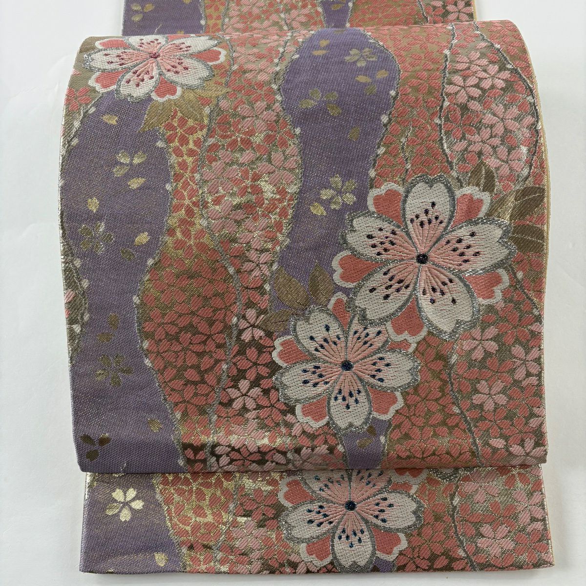 【美品】 袋帶 秀品級櫻花花瓣金銀線金金箔粉紅六通純蠶絲