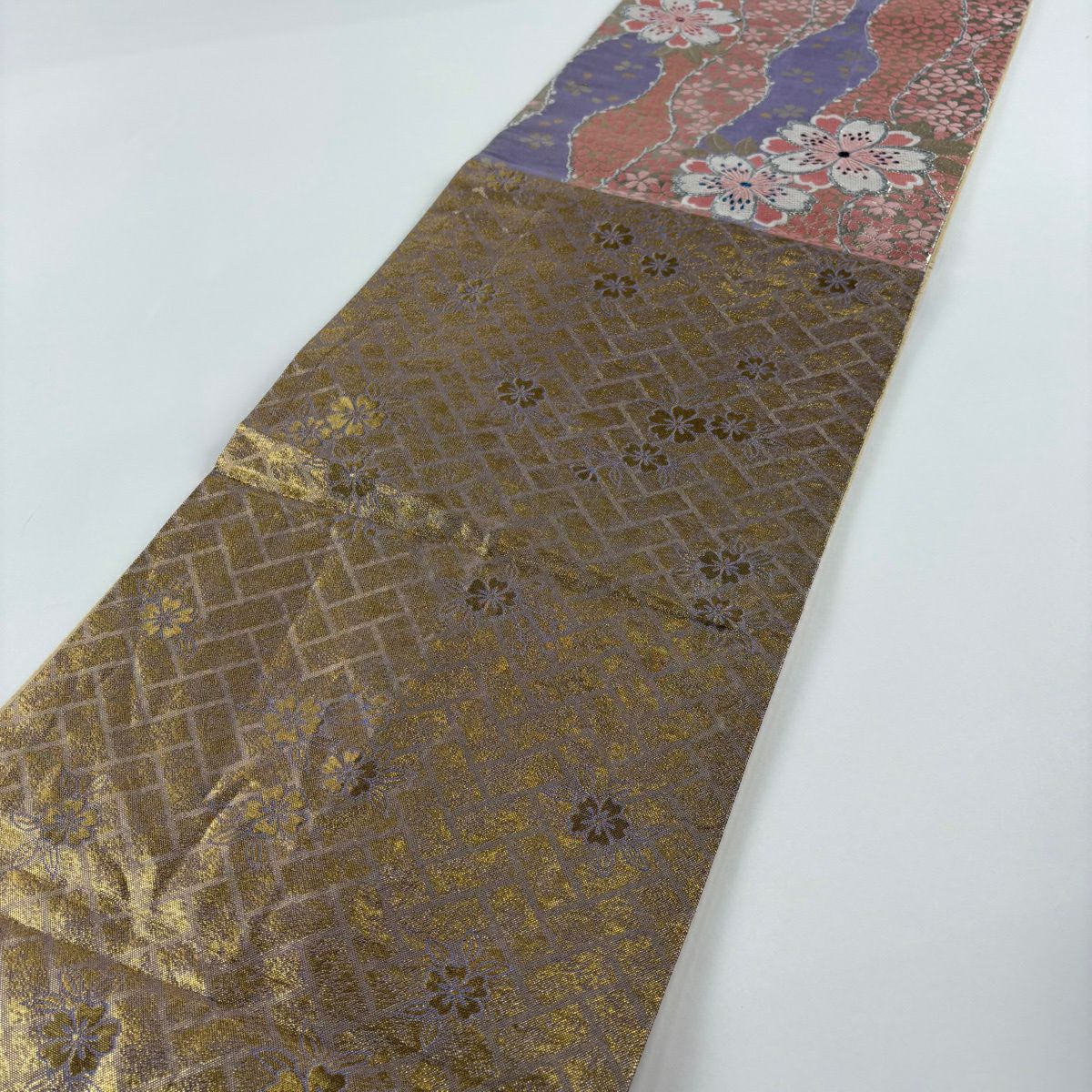【美品】 袋帶 秀品級櫻花花瓣金銀線金金箔粉紅六通純蠶絲