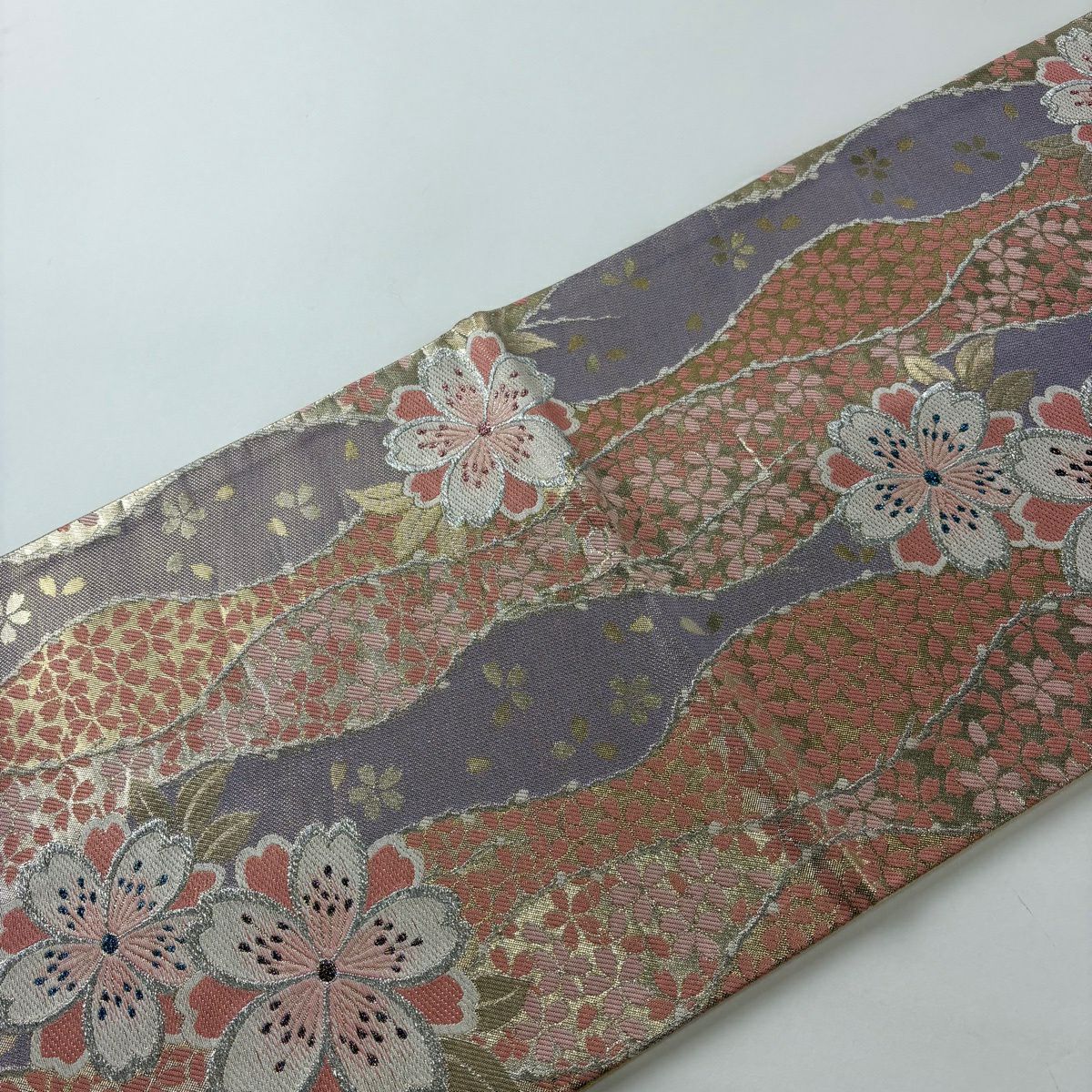 【美品】 袋帶 秀品級櫻花花瓣金銀線金金箔粉紅六通純蠶絲