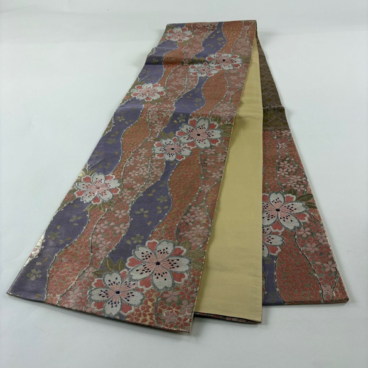 【美品】 袋帶 秀品級櫻花花瓣金銀線金金箔粉紅六通純蠶絲