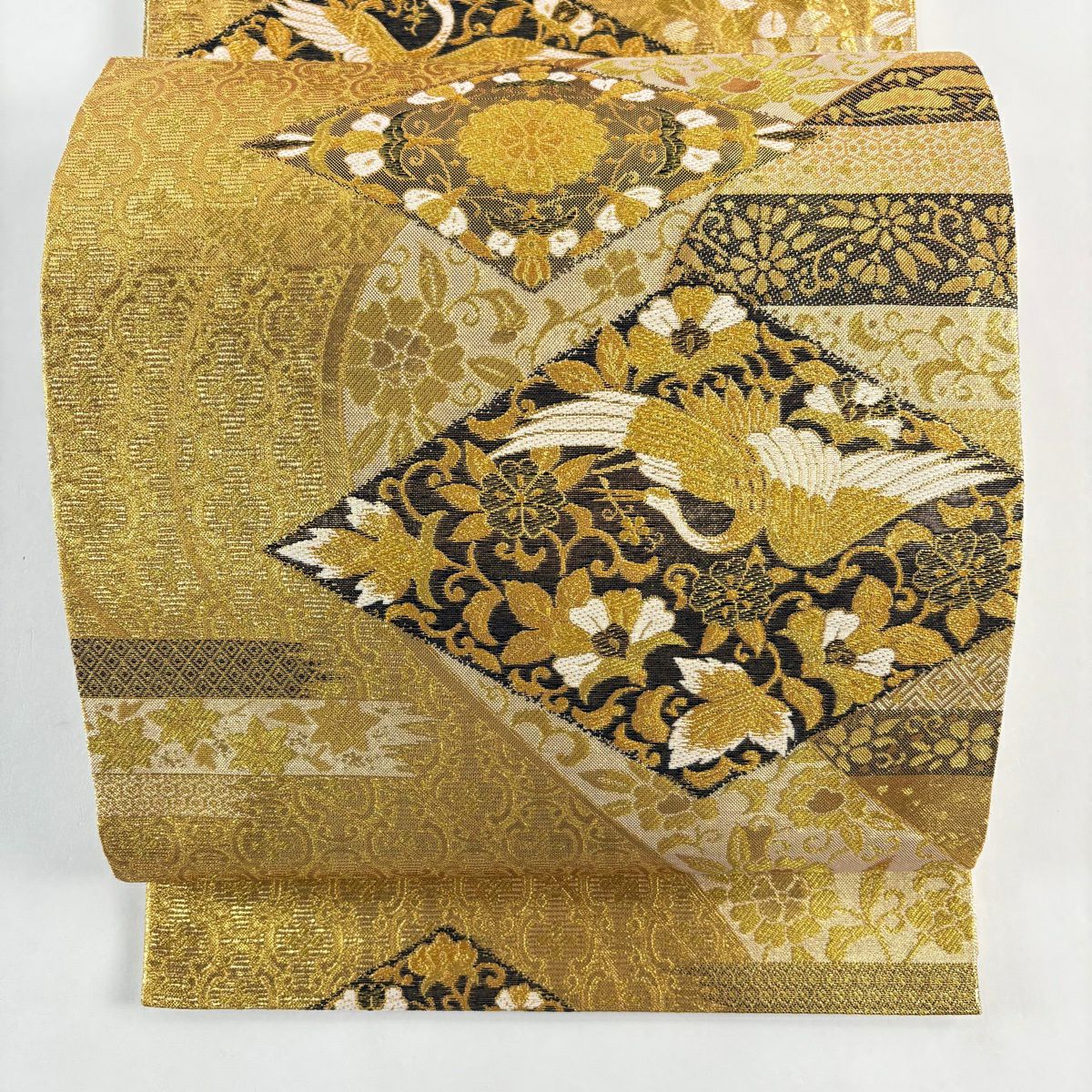 【美品】 袋帶 秀品級 仙鶴 草花紋 金絲 金金箔 金色 六通 純蠶絲