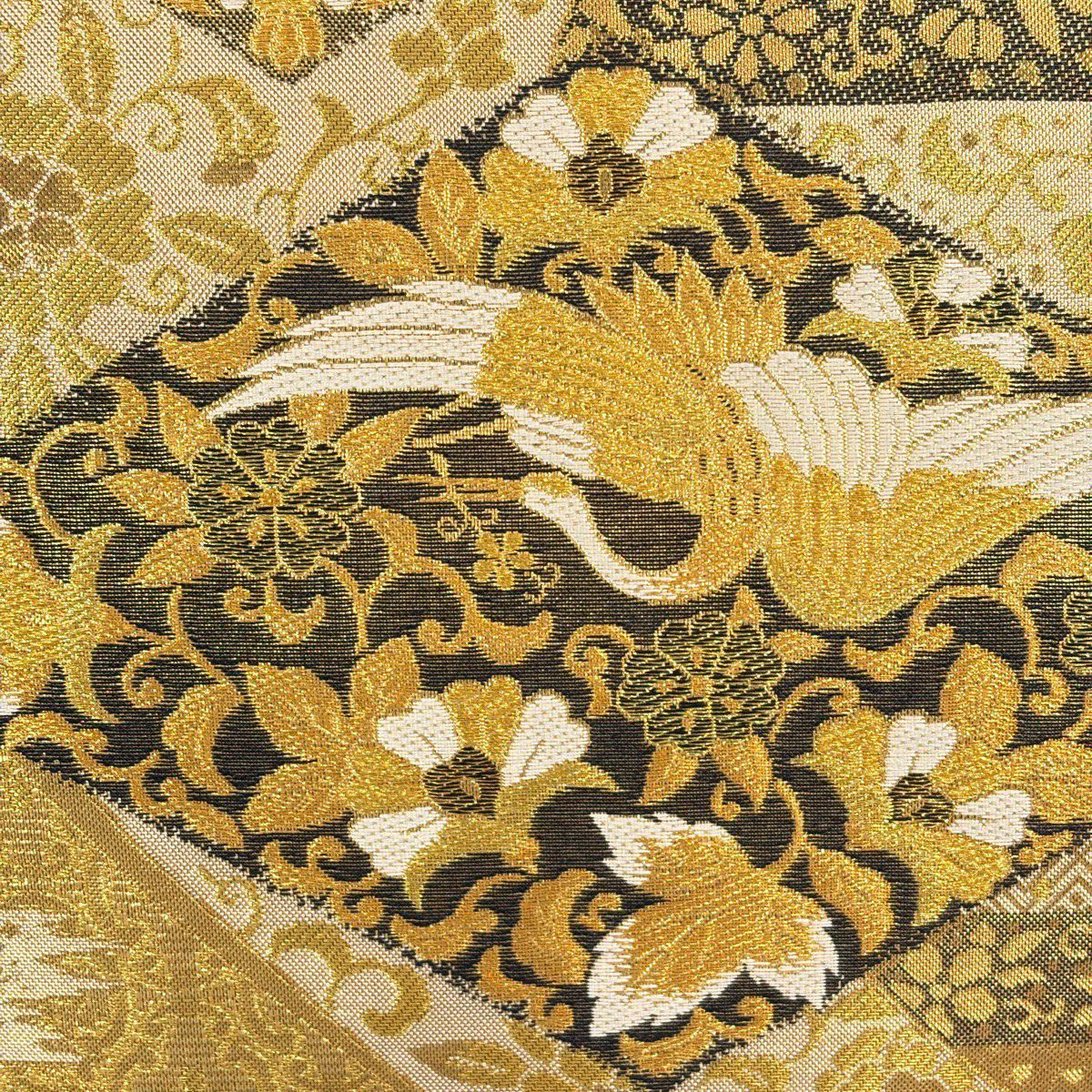 【美品】 袋帶 秀品級 仙鶴 草花紋 金絲 金金箔 金色 六通 純蠶絲