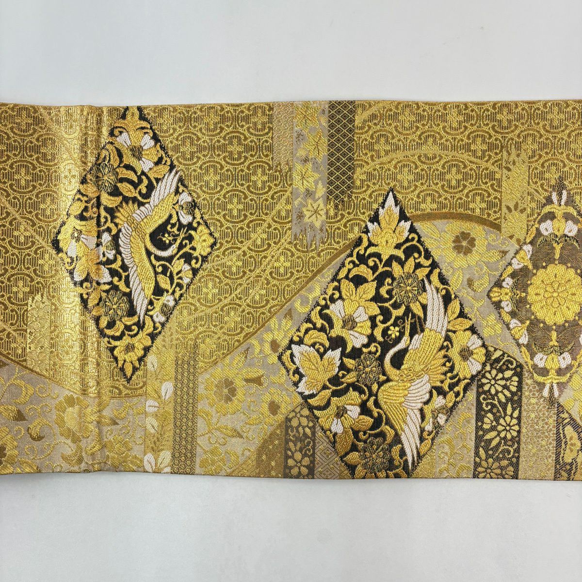 【美品】 袋帶 秀品級 仙鶴 草花紋 金絲 金金箔 金色 六通 純蠶絲