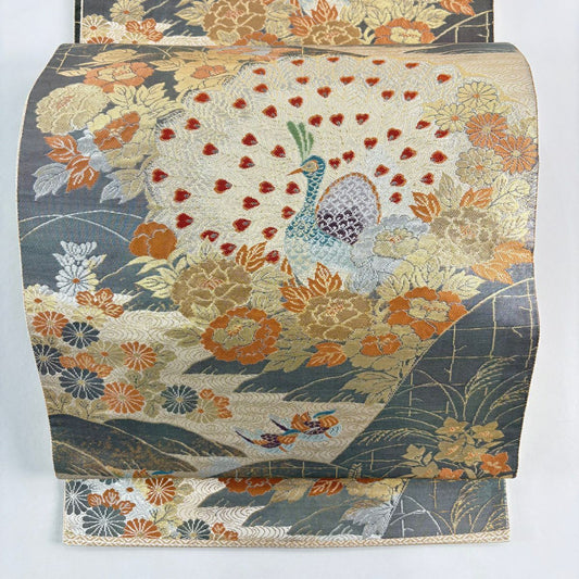 袋帶 秀品級 服部織物 落款あり 關西仕立 雀草花紋 金金箔 灰 深藍 六通 純蠶絲