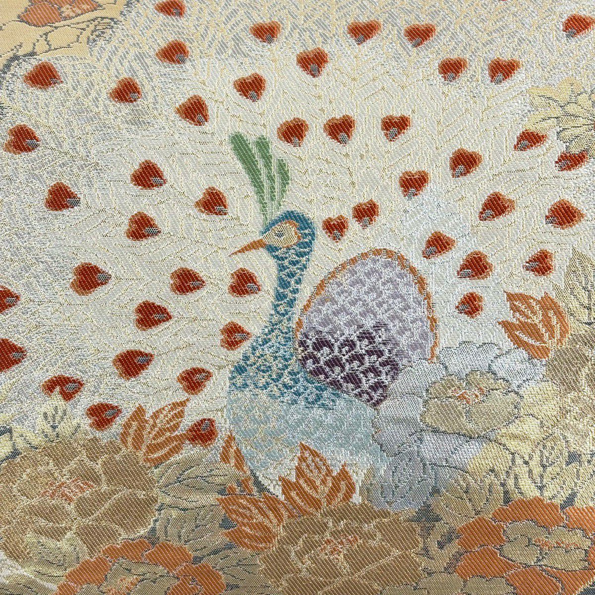 袋帶 秀品級 服部織物 落款あり 關西仕立 雀草花紋 金金箔 灰 深藍 六通 純蠶絲