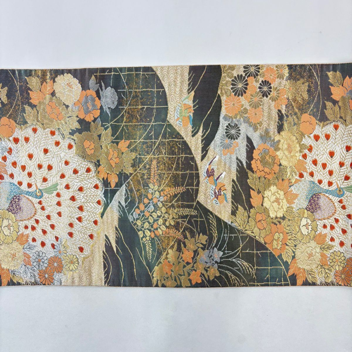 袋帶 秀品級 服部織物 落款あり 關西仕立 雀草花紋 金金箔 灰 深藍 六通 純蠶絲