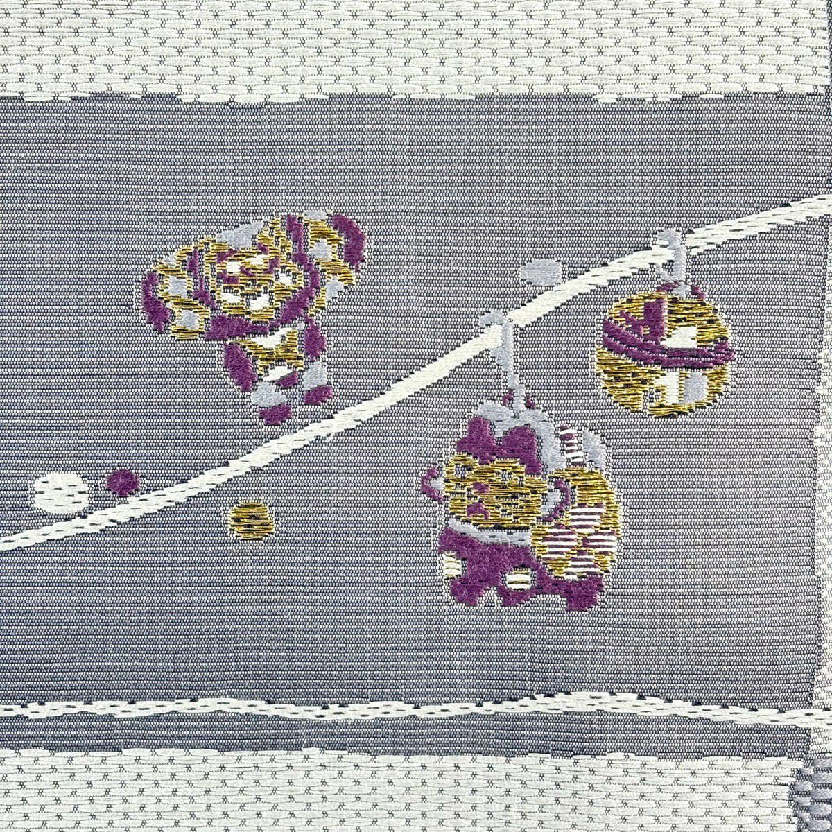 名古屋帶 秀品級 八寸名古屋帶 玩具 縞 金絲 灰色 純蠶絲