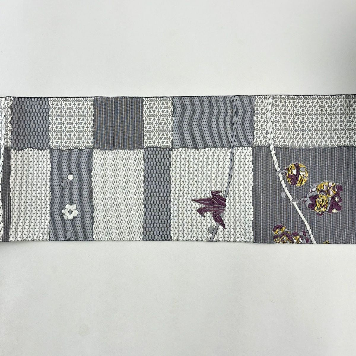 名古屋帶 秀品級 八寸名古屋帶 玩具 縞 金絲 灰色 純蠶絲