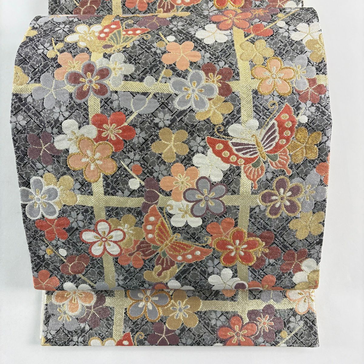 【美品】 袋帶 秀品級 蝶 梅花 金金箔 金絲 黑 六通 純蠶絲