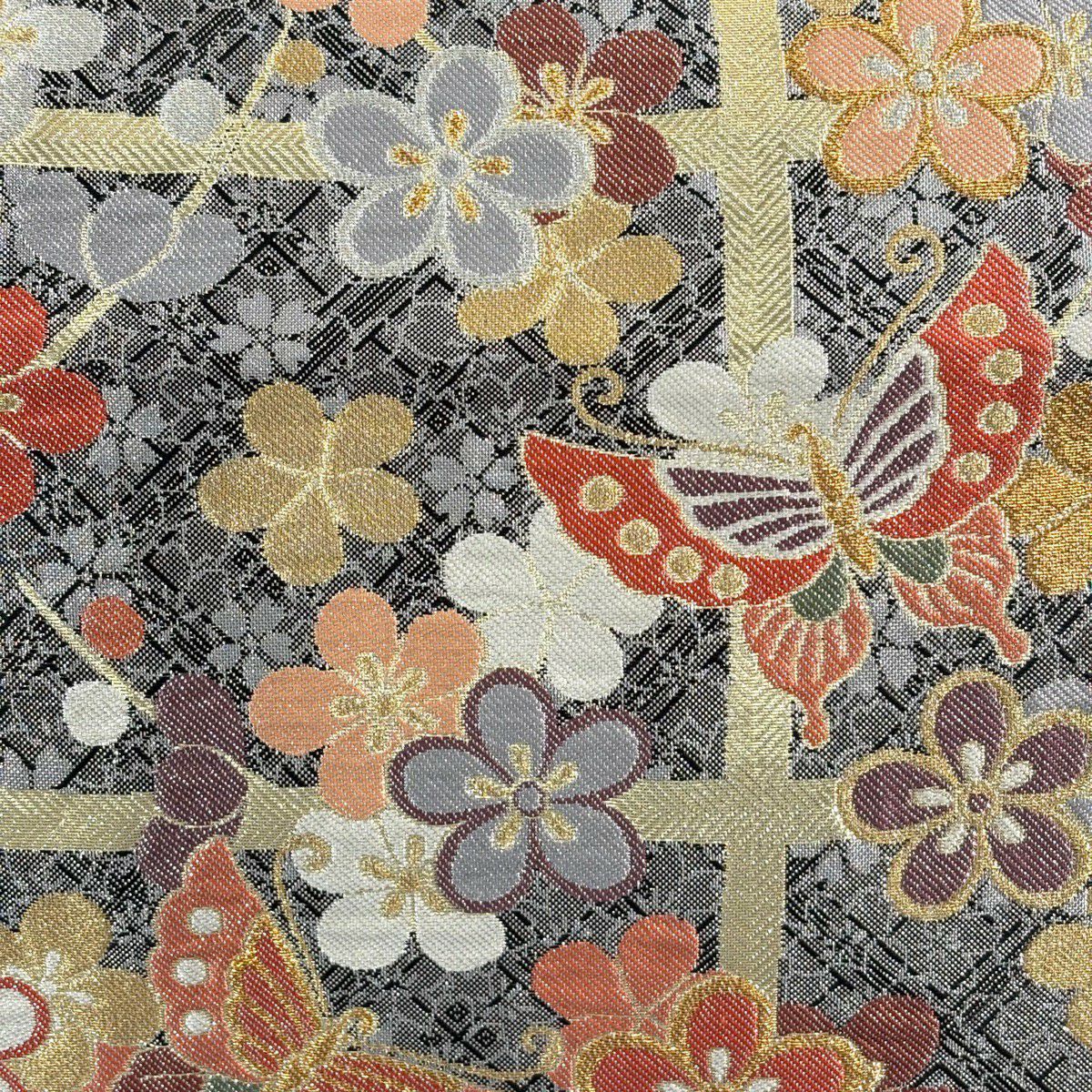 【美品】 袋帶 秀品級 蝶 梅花 金金箔 金絲 黑 六通 純蠶絲