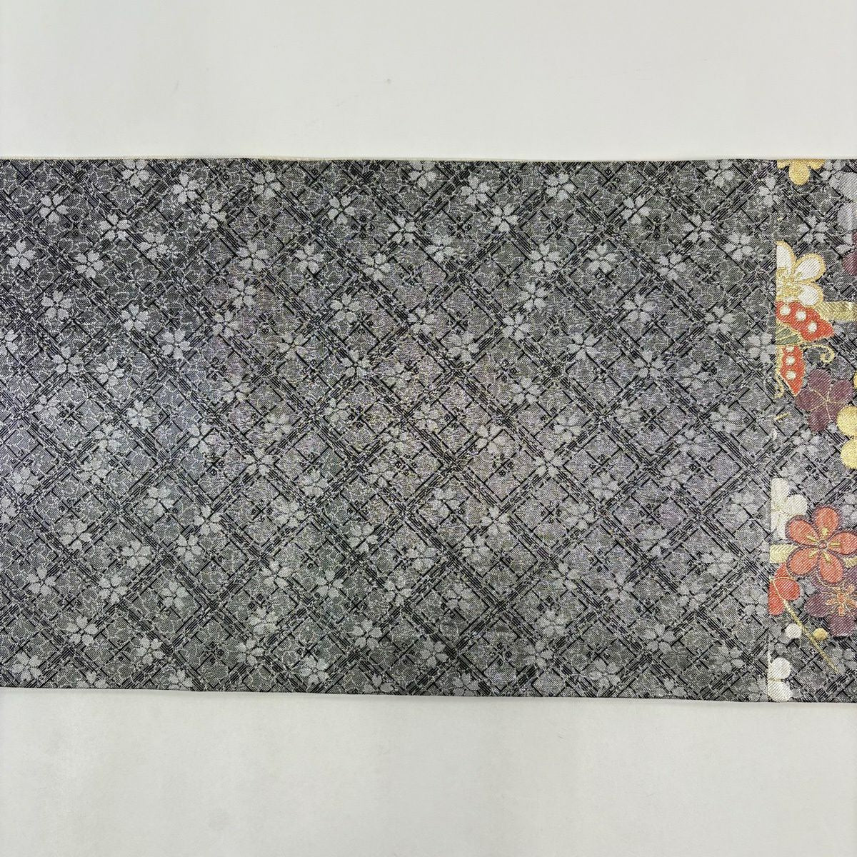 【美品】 袋帶 秀品級 蝶 梅花 金金箔 金絲 黑 六通 純蠶絲