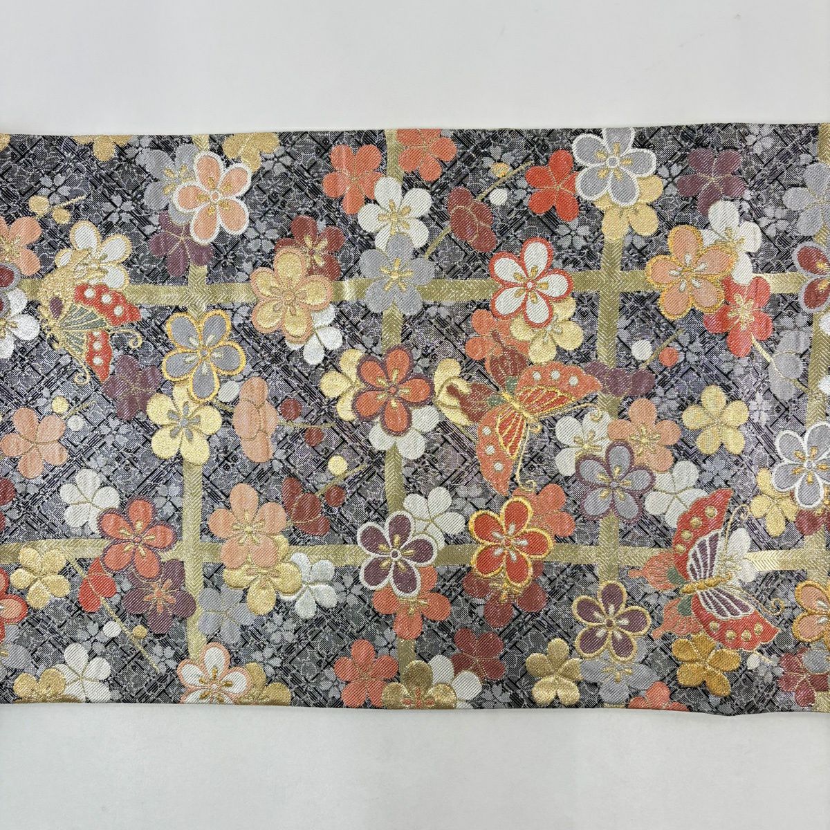 【美品】 袋帶 秀品級 蝶 梅花 金金箔 金絲 黑 六通 純蠶絲