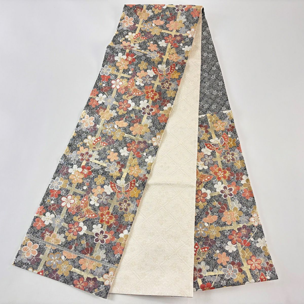 【美品】 袋帶 秀品級 蝶 梅花 金金箔 金絲 黑 六通 純蠶絲