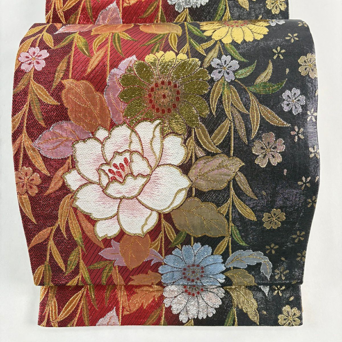 【美品】 袋帶 秀品級 草花紋紋 櫻花 金金箔 漸層 深紅色 六通 純蠶絲