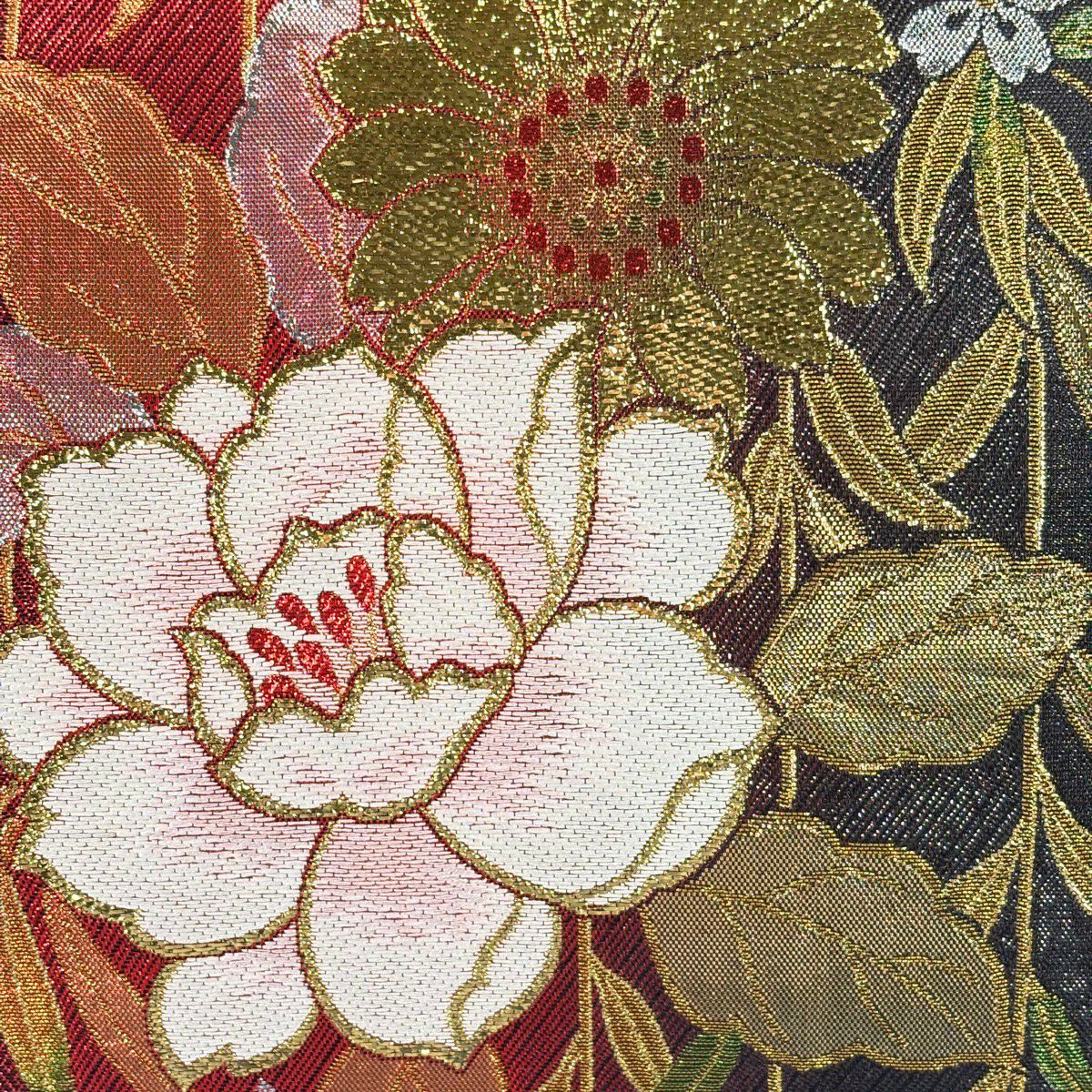 【美品】 袋帶 秀品級 草花紋紋 櫻花 金金箔 漸層 深紅色 六通 純蠶絲