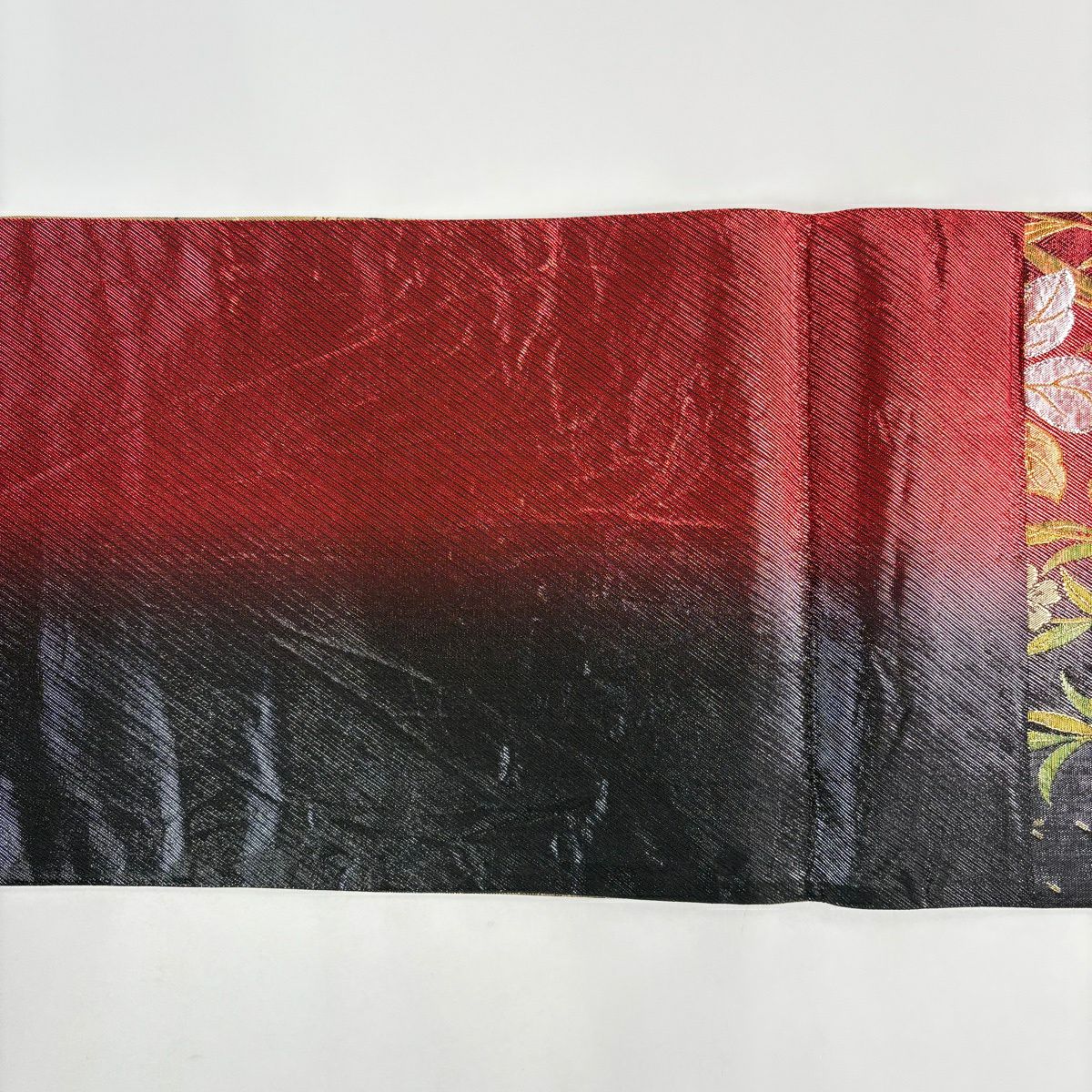 【美品】 袋帶 秀品級 草花紋紋 櫻花 金金箔 漸層 深紅色 六通 純蠶絲