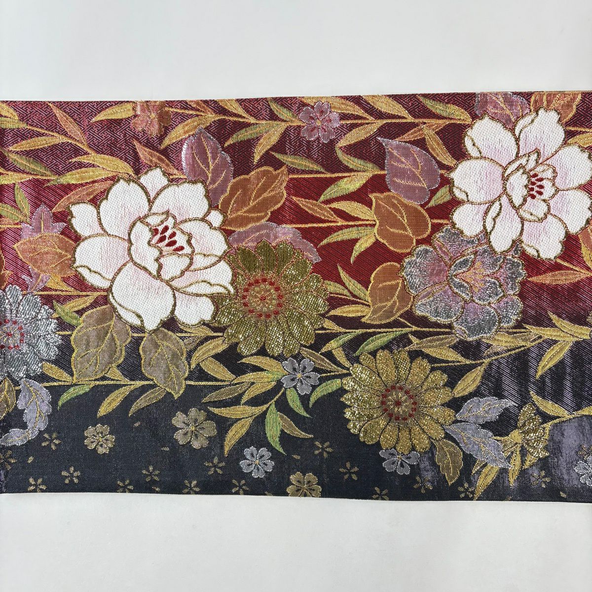 【美品】 袋帶 秀品級 草花紋紋 櫻花 金金箔 漸層 深紅色 六通 純蠶絲
