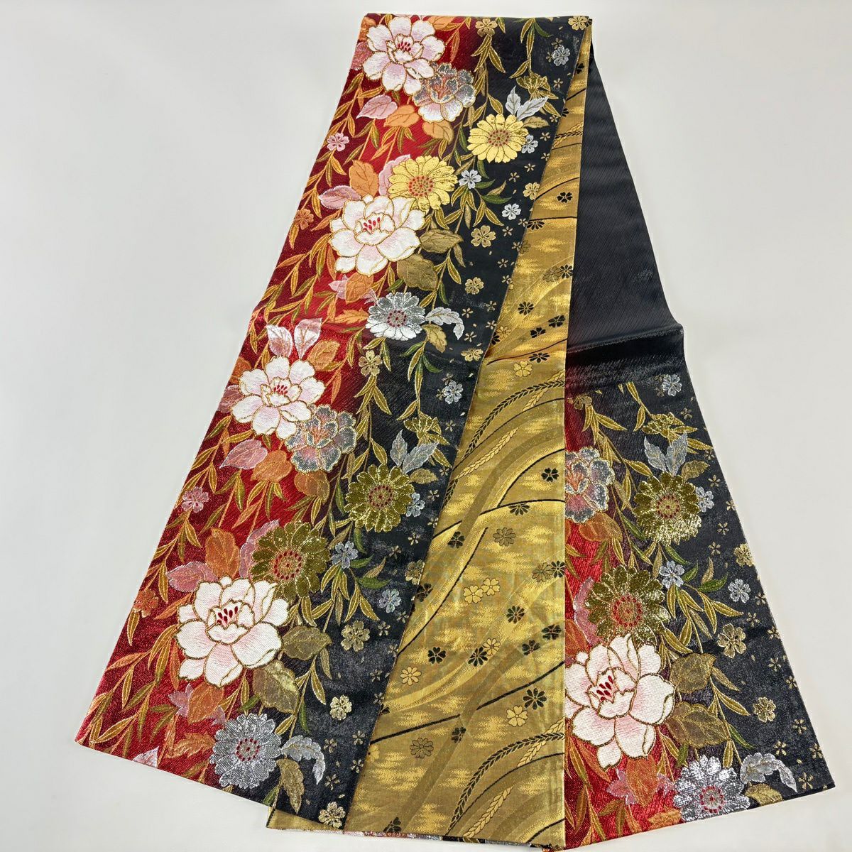 【美品】 袋帶 秀品級 草花紋紋 櫻花 金金箔 漸層 深紅色 六通 純蠶絲