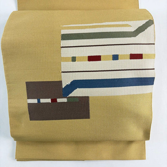 【美品】名古屋帶 優品級 松樹葉仕立 八寸名古屋帶 幾何圖案 條紋 米色 純蠶絲