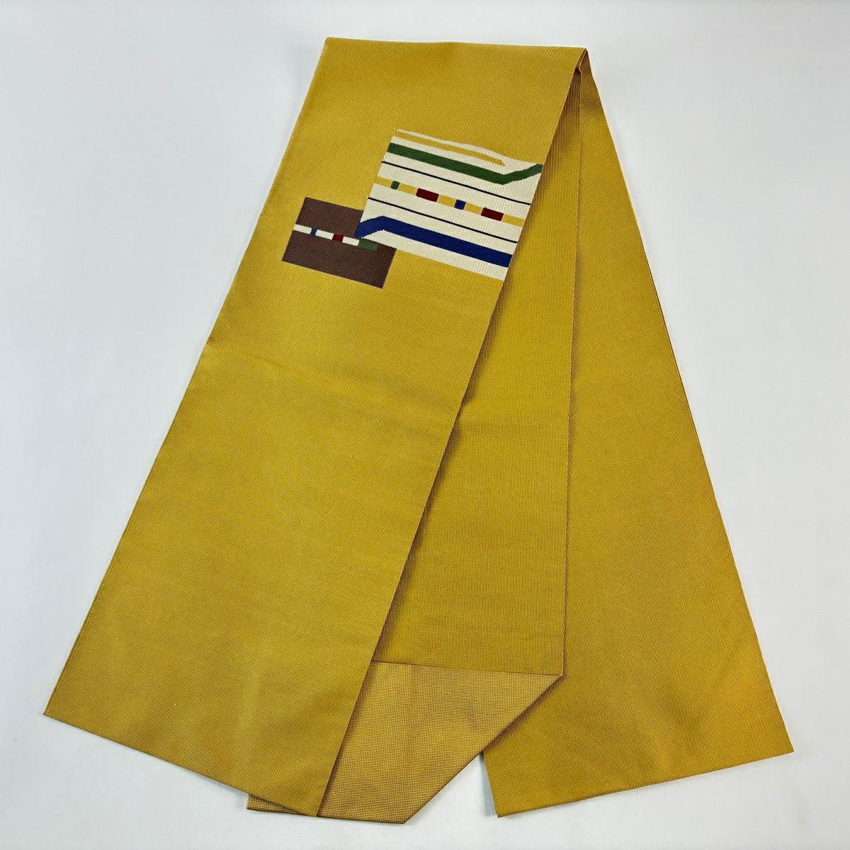 【美品】名古屋帶 優品級 松樹葉仕立 八寸名古屋帶 幾何圖案 條紋 米色 純蠶絲