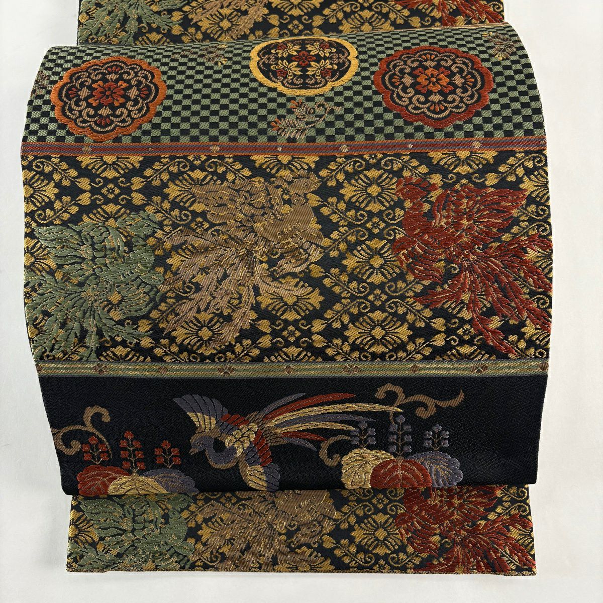 【美品】 袋帶 秀品級 尾長鳥 桐 唐織 金金箔 黑 六通 純蠶絲