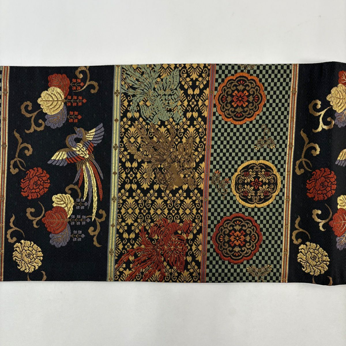 【美品】 袋帶 秀品級 尾長鳥 桐 唐織 金金箔 黑 六通 純蠶絲