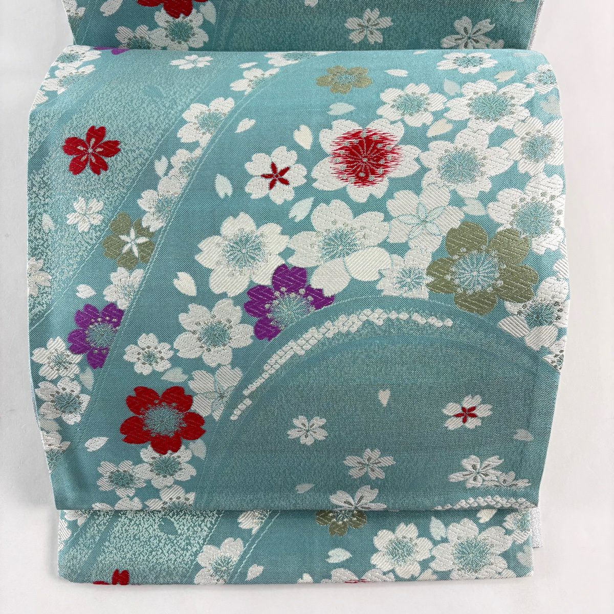 【美品】 袋帶 秀品級 證書齊全 櫻花花瓣 唐織 銀線 水藍色 六通 純蠶絲