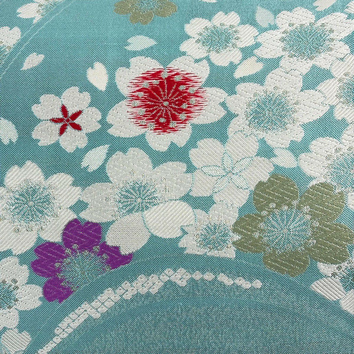 【美品】 袋帶 秀品級 證書齊全 櫻花花瓣 唐織 銀線 水藍色 六通 純蠶絲