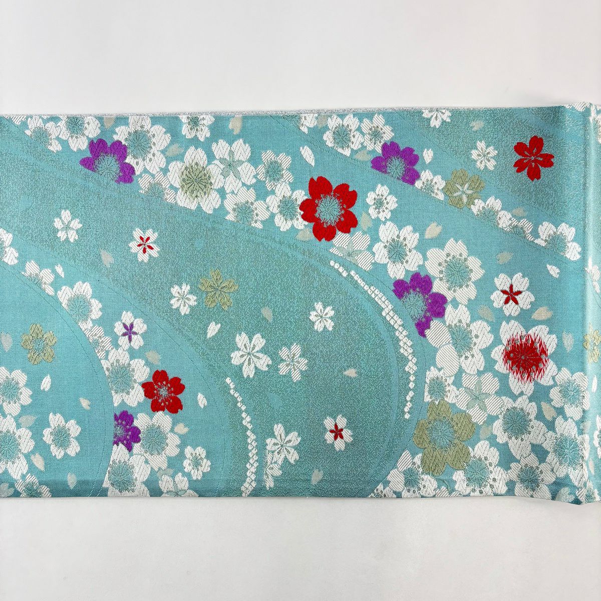 【美品】 袋帶 秀品級 證書齊全 櫻花花瓣 唐織 銀線 水藍色 六通 純蠶絲