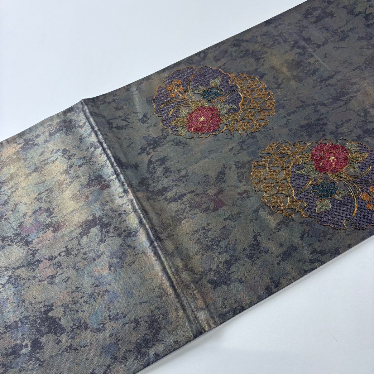 袋帶 秀品級 雪輪 草花紋刺繡 金金箔 灰紫 お太鼓圖案 純蠶絲