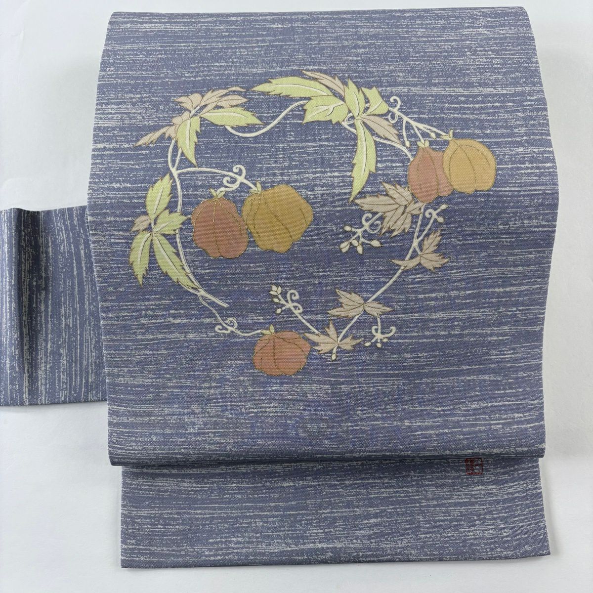 【美品】名古屋帶 秀品級 有落款 鬼燈條紋 金銀彩 青灰色 純蠶絲