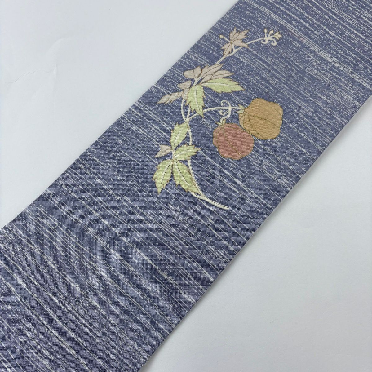 【美品】名古屋帶 秀品級 有落款 鬼燈條紋 金銀彩 青灰色 純蠶絲