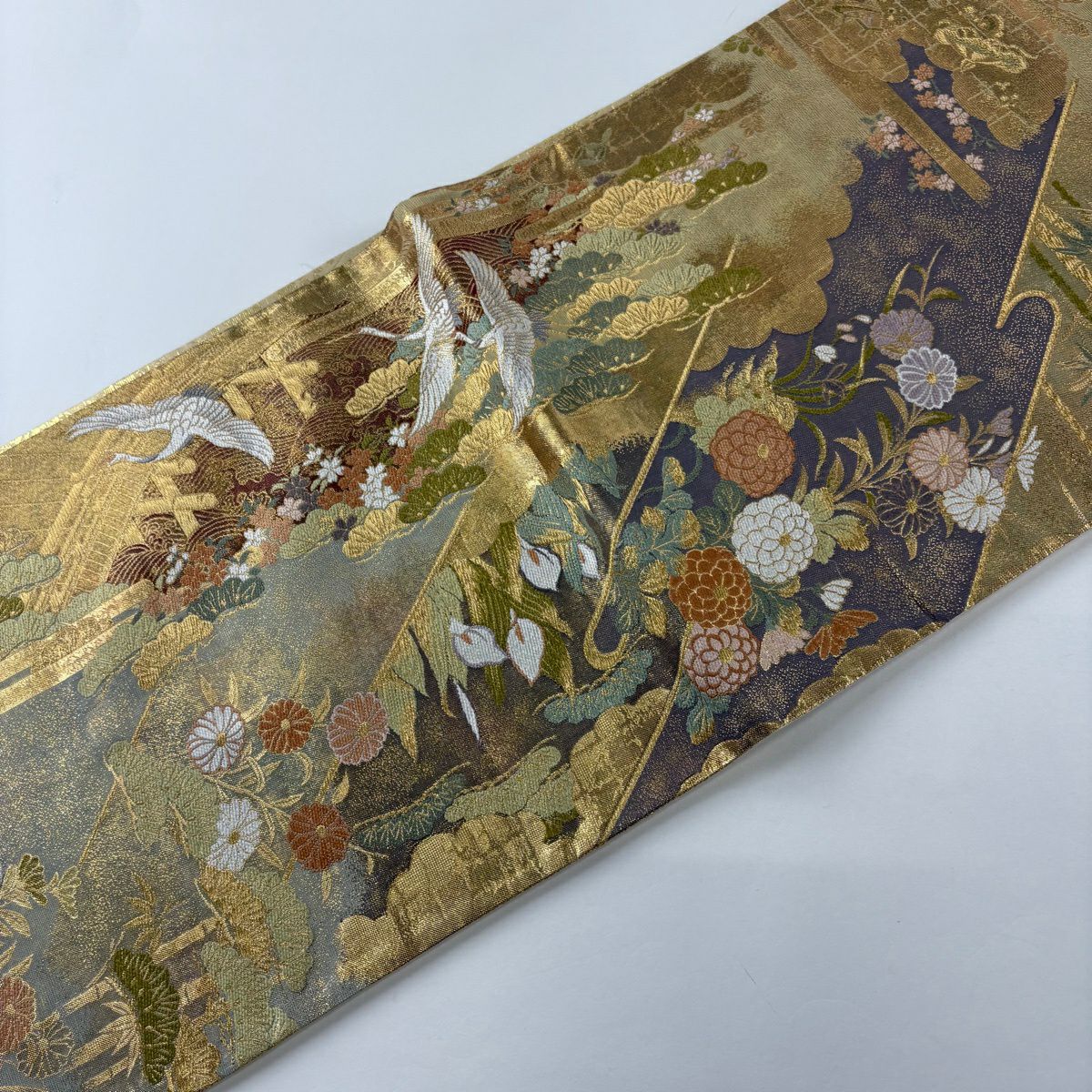 袋帶 秀品級 菊花水草花紋吉祥 金金箔 金色 大鼓圖案 純蠶絲